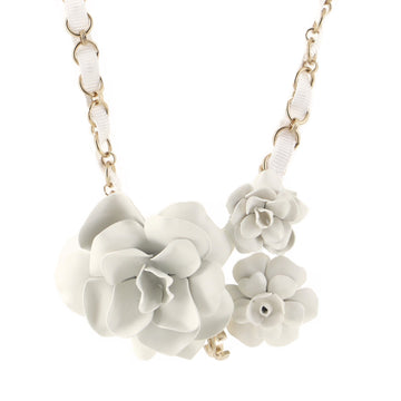 Chanel Triple Camellia Pendant Chain Necklace Plated Metal with Grosgrain and Metal