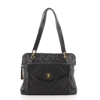 Chanel Vintage Front Pocket Shoulder Bag Quilted Caviar Large