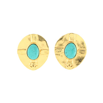 Chanel Vintage CC Round Clip-On Earrings Metal with Turquoise