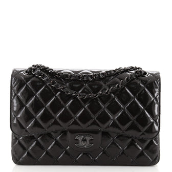 Chanel So Black Classic Double Flap Bag Quilted Shiny Crumpled Calfskin Jumbo