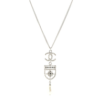 Chanel CC Crest Drop Pendant Necklace Metal with Faux Pearl and Resin