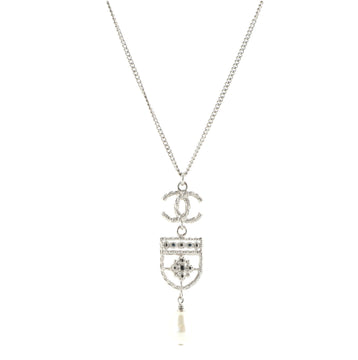 Chanel CC Crest Drop Pendant Necklace Metal with Faux Pearl and Resin
