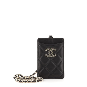 Chanel CC Lanyard ID Card Holder Quilted Leather