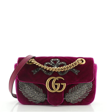 Gucci GG Marmont Flap Bag Embellished Matelasse Velvet Mini