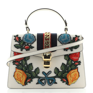 Gucci Sylvie Top Handle Bag Embroidered Leather Medium