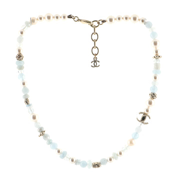 Chanel Long CC Necklace Faux Pearl with Bead and Crystal Embellished Metal