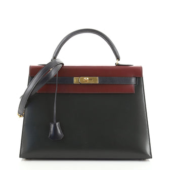Hermes Kelly Handbag Tricolor Box Calf with Gold Hardware 32