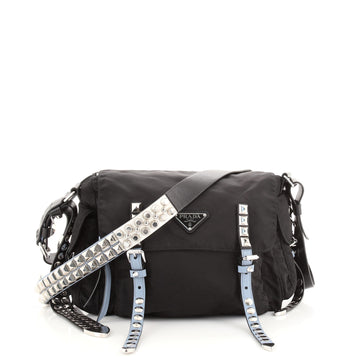 Prada New Vela Flap Messenger Bag Tessuto with Studded Leather Medium