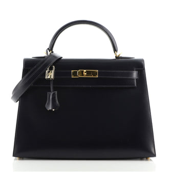 Hermes Kelly Handbag Blue Box Calf with Gold Hardware 32