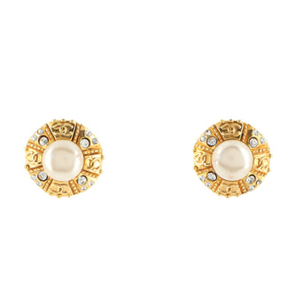 Chanel Vintage CC Round Clip-On Earrings Crystal Embellished Metal with Faux Pearl