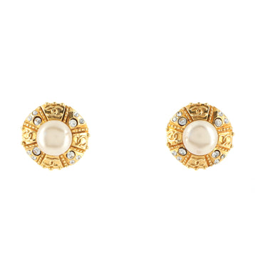 Chanel Vintage CC Round Clip-On Earrings Crystal Embellished Metal with Faux Pearl