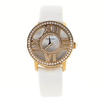 Tiffany & Co. Atlas Cocktail Round Quartz Watch Yellow Gold with Diamonds and Satin Leather with Mother of Pearl 26