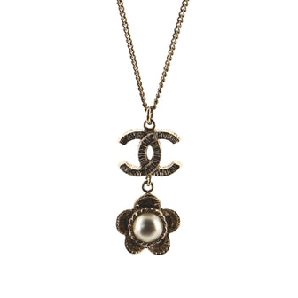 Chanel CC Flower Drop Pendant Necklace Metal with Faux Pearl