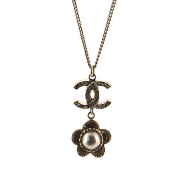 Chanel CC Flower Drop Pendant Necklace Metal with Faux Pearl