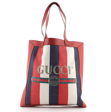Gucci Logo Tote Striped Canvas and Leather Large