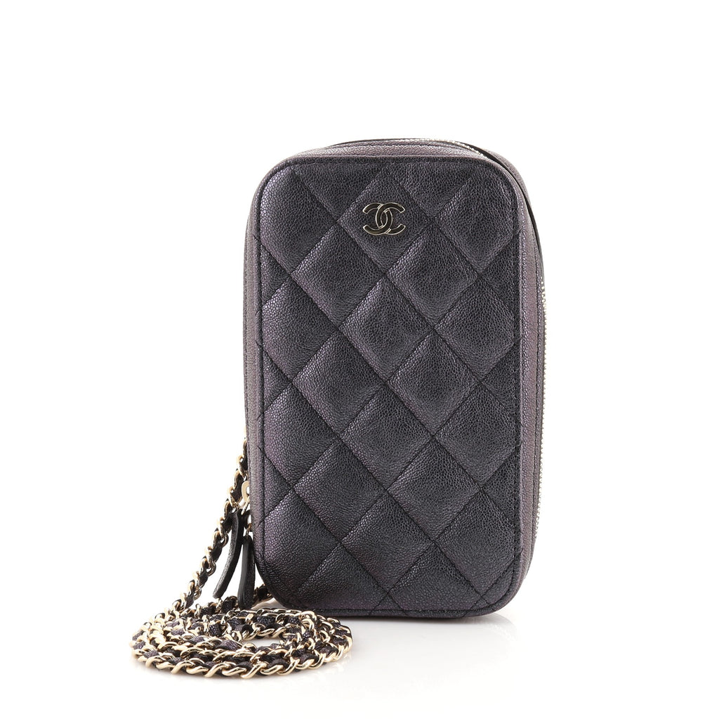 Chanel Zip Around Phone Case with Chain Quilted Iridescent Caviar Green  79559119