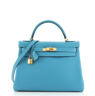 Hermes Kelly Handbag Blue Togo with Gold Hardware 32