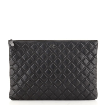 Chanel Double Stitch O Case Clutch Quilted Lambskin Large