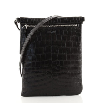 Saint Laurent Front Pocket Flat Crossbody Bag Crocodile Embossed Leather Small