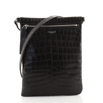 Saint Laurent Front Pocket Flat Crossbody Bag Crocodile Embossed Leather Small