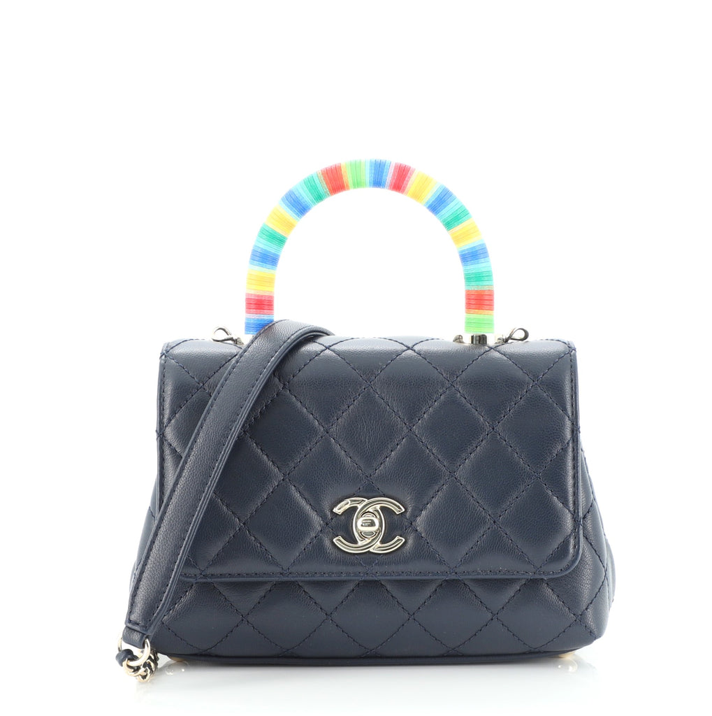 Chanel Coco Top Handle Bag Quilted Goatskin with Multicolor Handle Extra  Mini Blue 7967434