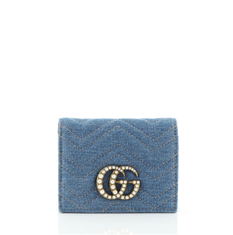 Gucci Pearly GG Marmont Flap Card Case Matelasse Denim