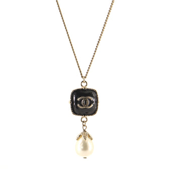 Chanel Pearl Drop CC Pendant Necklace Metal with Enamel and Faux Pearl