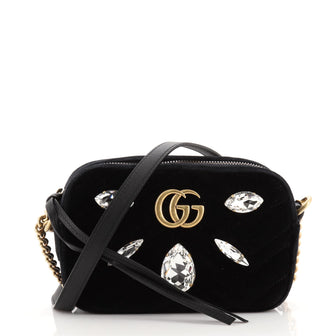 Gucci GG Marmont Shoulder Bag Crystal Embellished Matelasse Velvet Mini