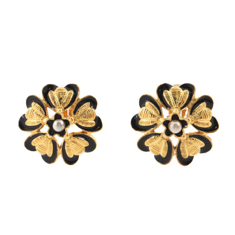 Chanel Vintage Flower Clip-On Earrings Metal with Enamel and Faux Pearls