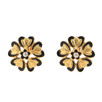 Chanel Vintage Flower Clip-On Earrings Metal with Enamel and Faux Pearls