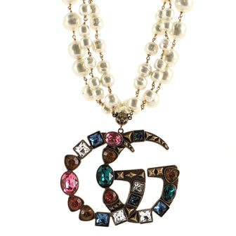 Gucci GG Triple Strand Necklace Metal with Faux Pearls and Crystals