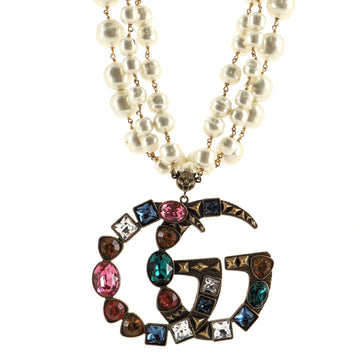 Gucci GG Triple Strand Necklace Metal with Faux Pearls and Crystals
