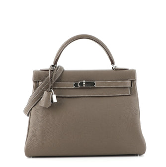 Hermes Kelly Handbag Grey Clemence with Palladium Hardware 32