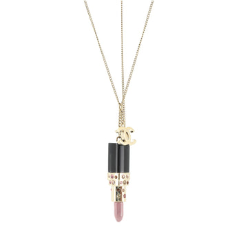 Chanel CC Lipstick Charm Necklace Crystal Embellished Metal and Resin