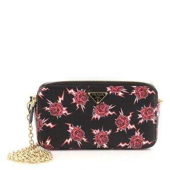 Prada Double Zip Wallet on Chain Crossbody Printed Saffiano Leather Mini