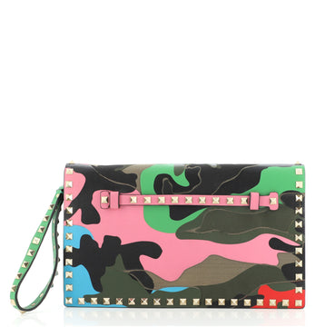 Valentino Rockstud Flap Clutch Camo Leather and Canvas