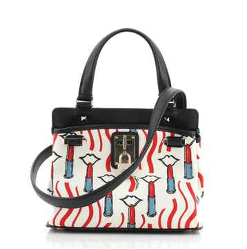 Valentino Joy Lock Top Handle Bag Printed Canvas Small