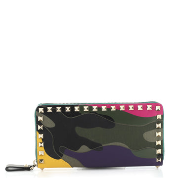 Valentino Rockstud Zip Around Wallet Camo Leather and Canvas