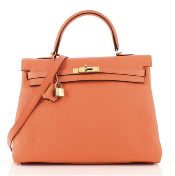 Hermes Kelly Handbag Orange Clemence with Gold Hardware 35