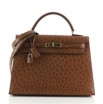 Hermes Kelly Handbag Brown Ostrich with Gold Hardware 32