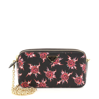 Prada Double Zip Wallet on Chain Crossbody Printed Saffiano Leather Mini