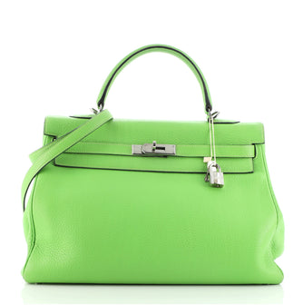 Hermes Kelly Handbag Green Clemence with Palladium Hardware 35