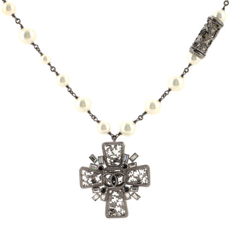 Chanel CC Cross Pendant Long Necklace Metal with Crystals and Faux Pearls