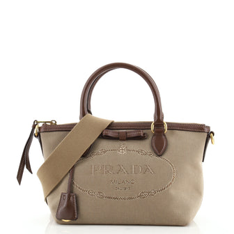 Prada Logo Convertible Zip Tote Canvas with Leather Small
