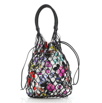 Prada Fishnet Tote Woven Leather and Printed Canvas