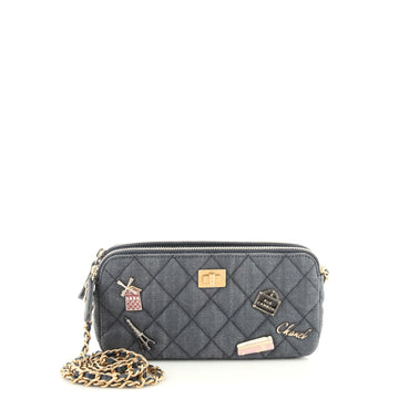 Chanel Lucky Charms Reissue 2.55 Double Zip Clutch With Chain Quilted Denim