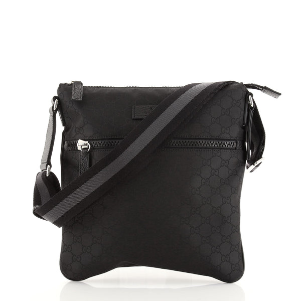 Gucci Front Zip Flat Messenger Bag GG Nylon Medium Black