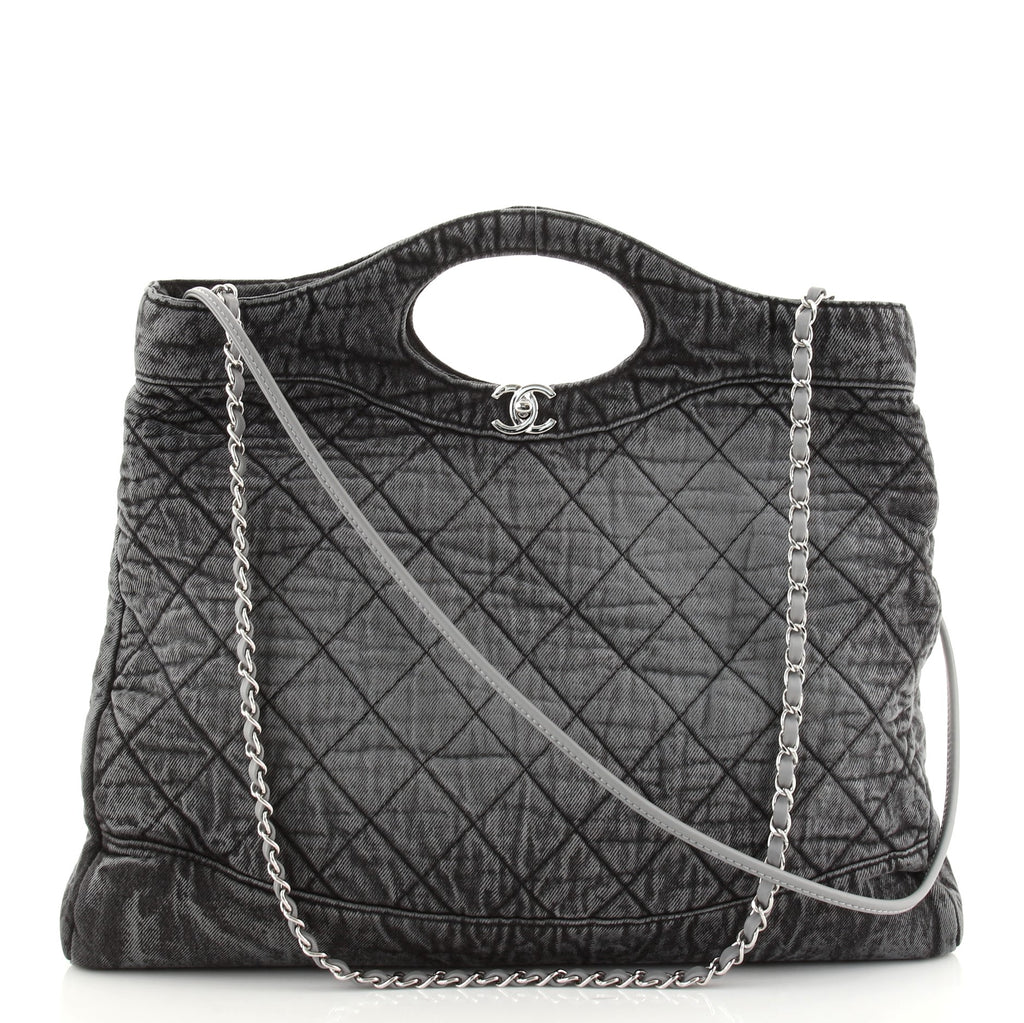 Chanel 31 Shopping Bag Quilted Distressed Denim Large Black 80911167