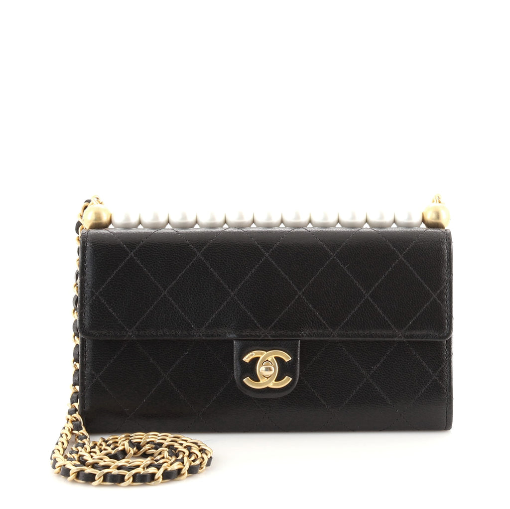 CHANEL Goatskin Quilted Chic Pearls Clutch With Chain Black 834332