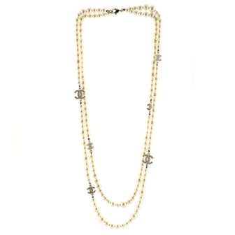 Chanel CC Long Necklace Faux Pearls and Crystal Embellished Metal